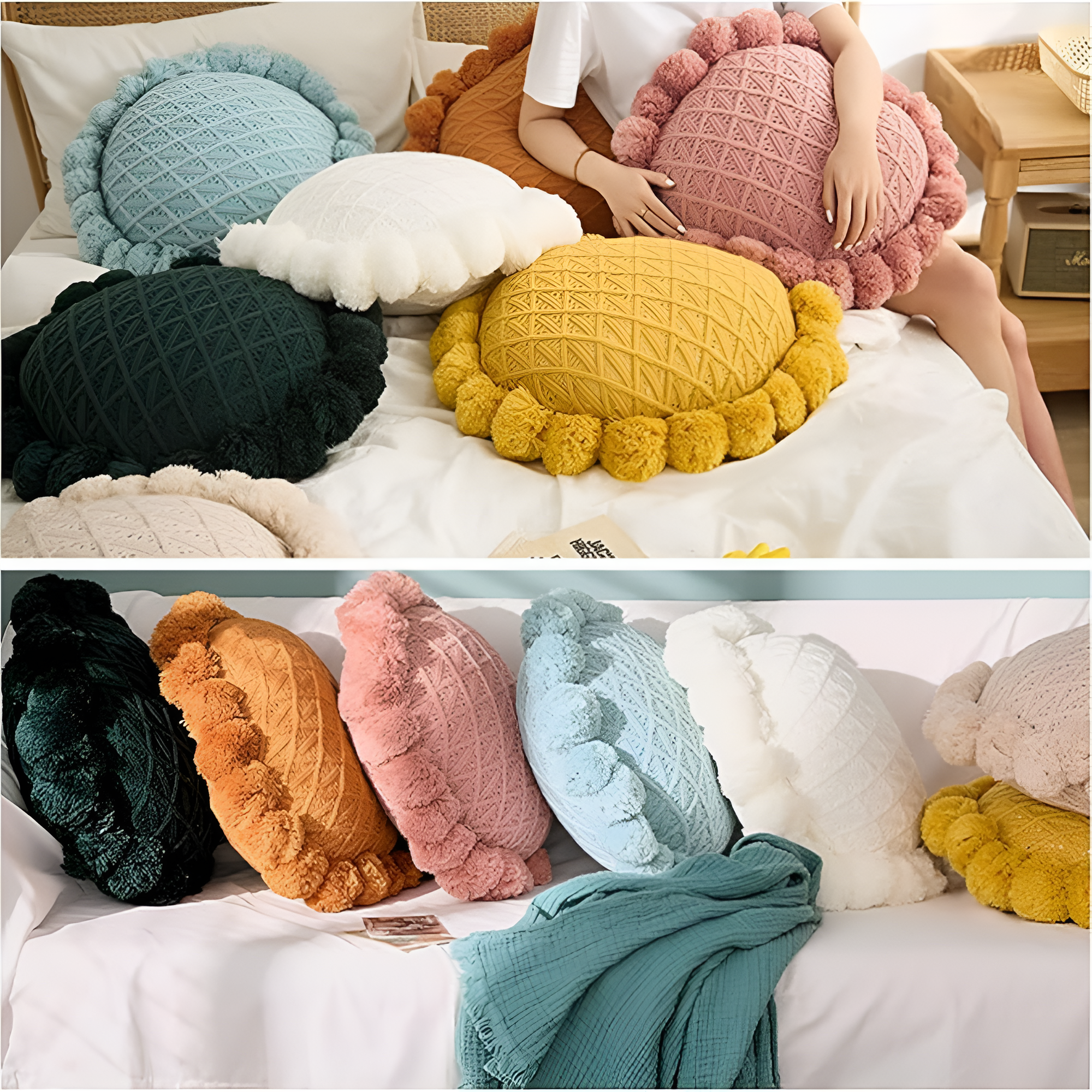 Sunflower Shape Pom Pom Decorative Cushion Pillow