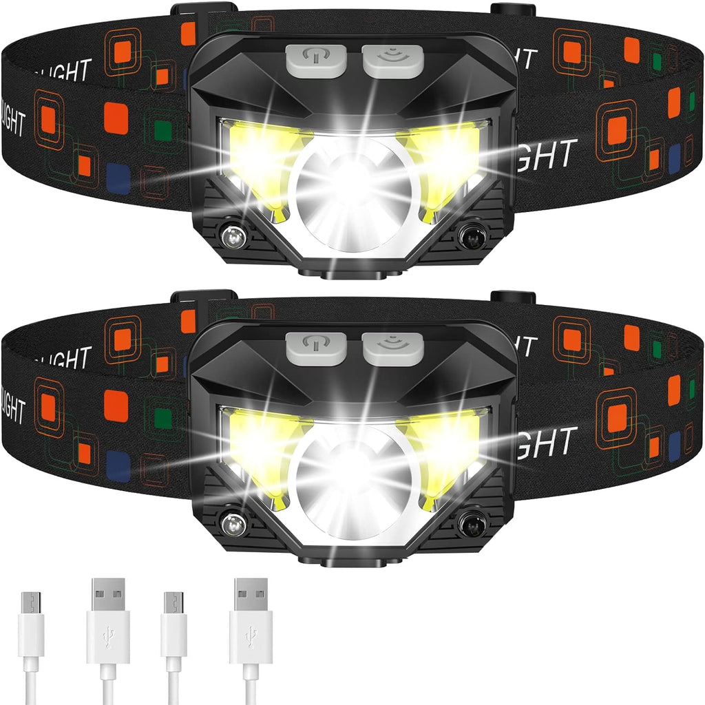 LED Headlamp Flashlight Rechargeable Waterproof Motion Sensor 2 Pack