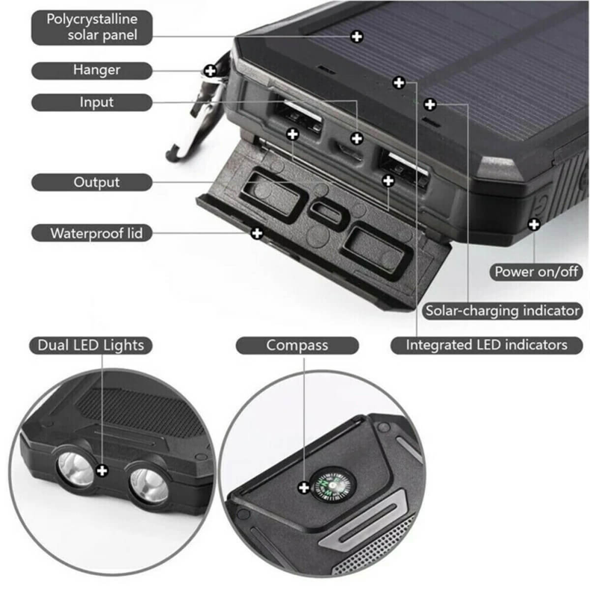 20000mAh Solar Power Bank Portable Waterproof Charger Battery Pack