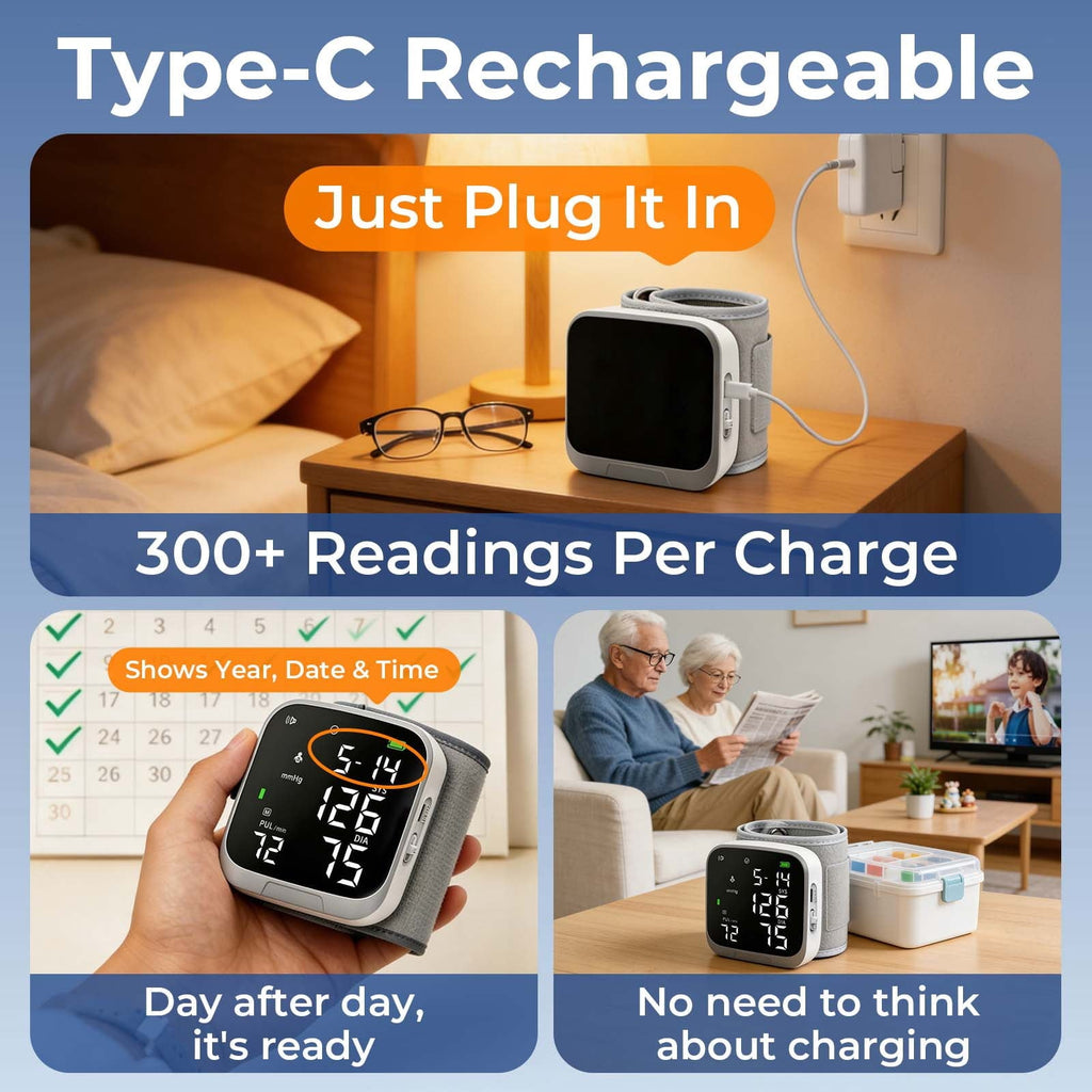 Automatic Wrist Blood Pressure Monitor Rechargeable Digital Wrist Cuff