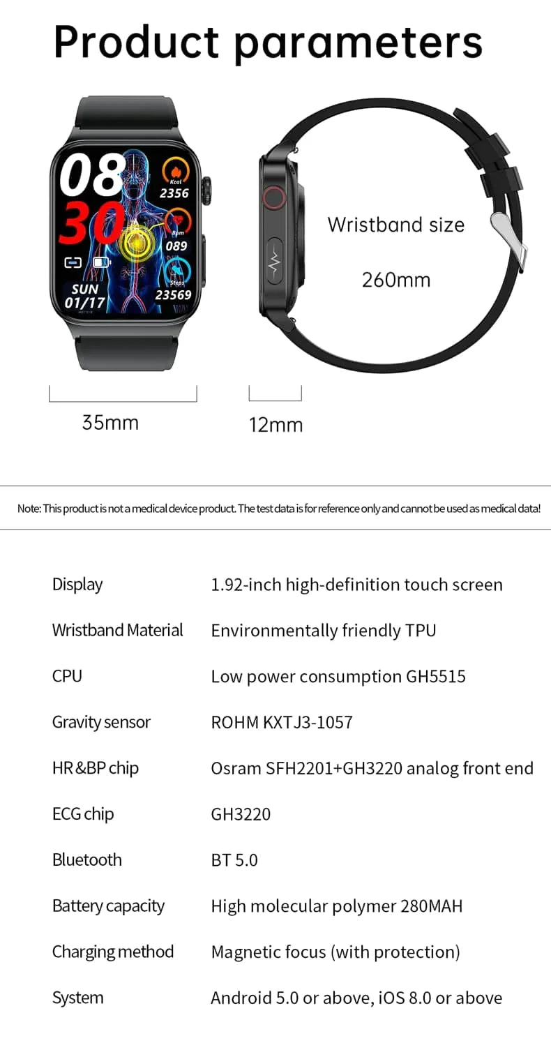Smartwatch Circular Health Monitor with ECG and Blood Glucose Tracker