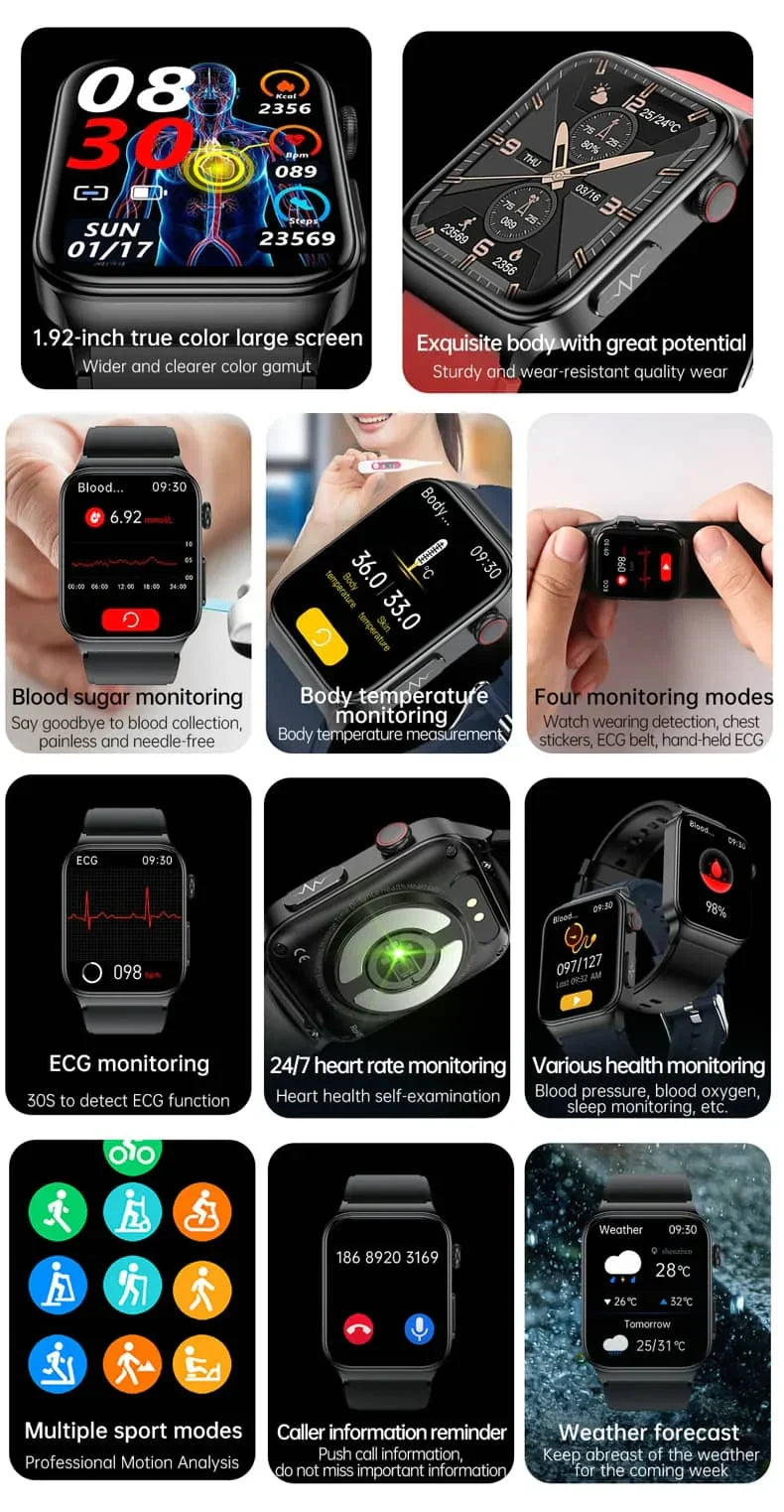 Smartwatch Circular Health Monitor with ECG and Blood Glucose Tracker