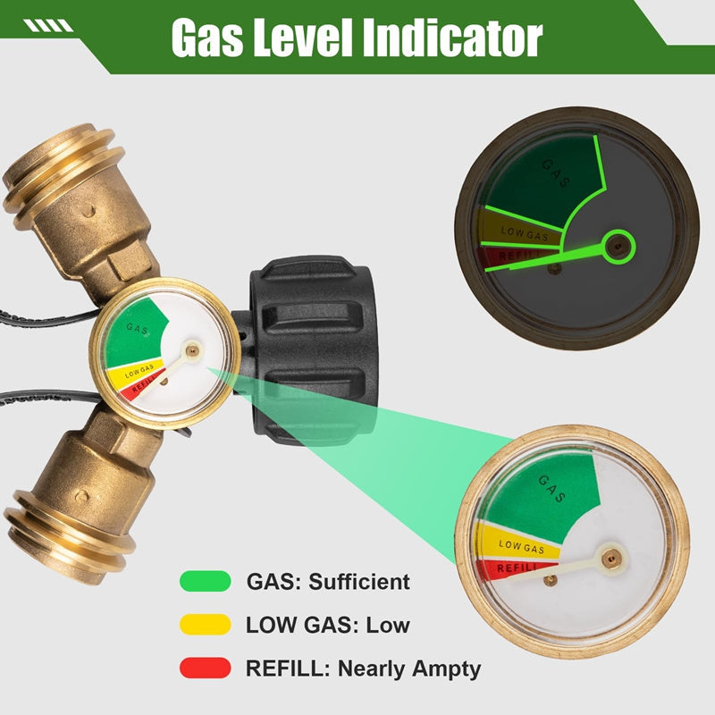 Propane Tank Y Splitter with Gauge and Shut Off Valve 2-Way LP Gas Adapter