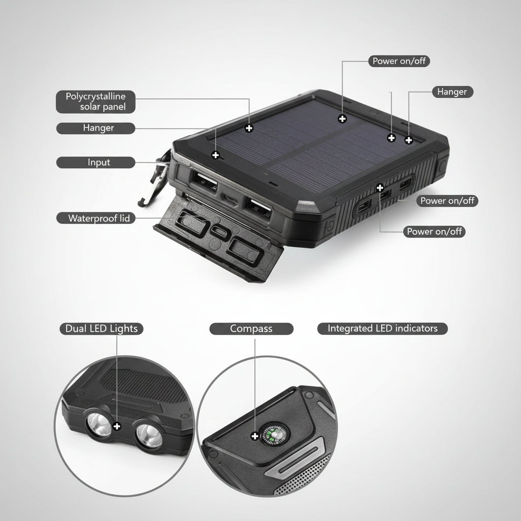 Solar Power Bank Portable Waterproof Phone Charger for Camping