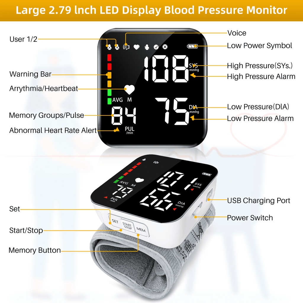 Automatic Wrist Blood Pressure Monitor Adjustable Cuff Large LCD Display
