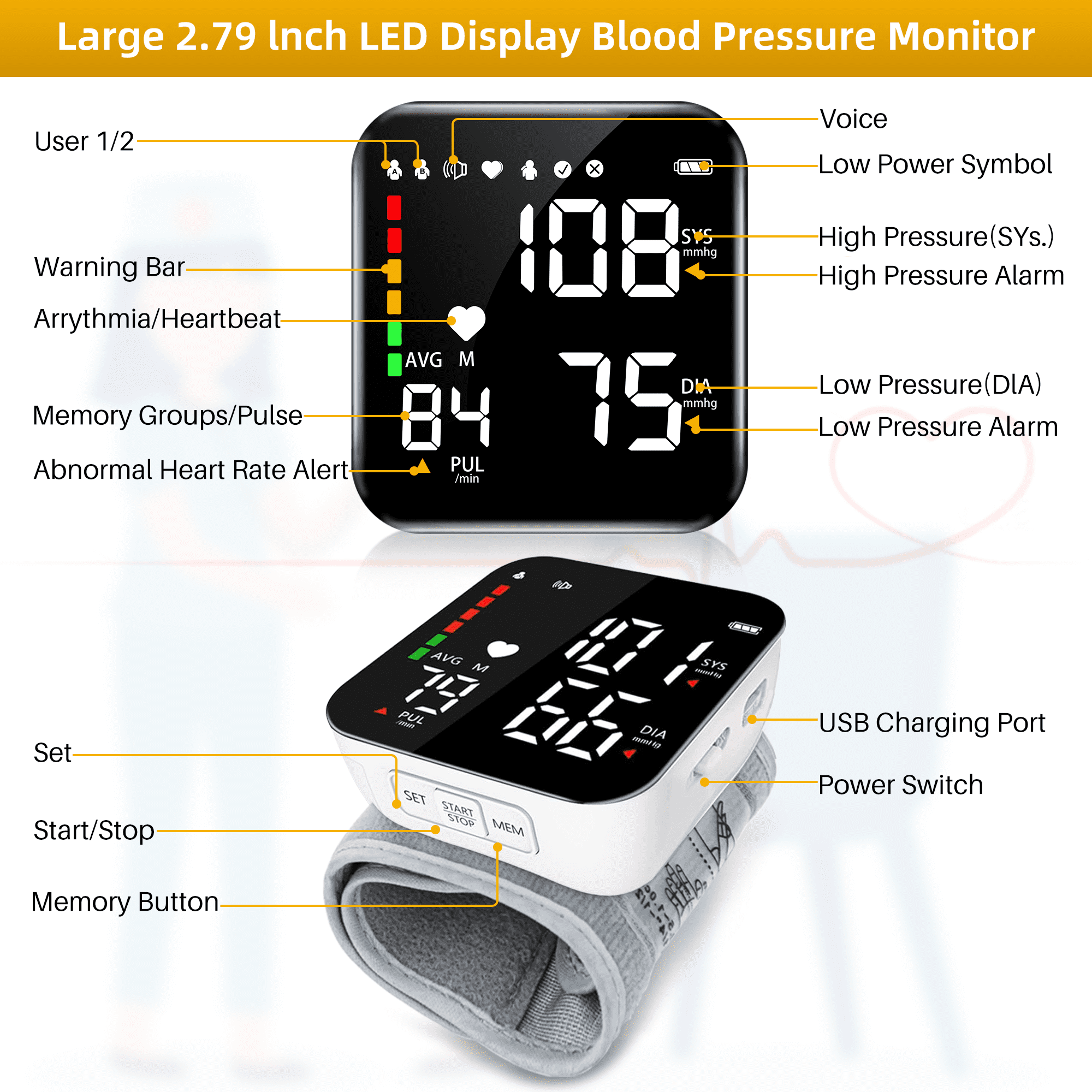 Automatic Wrist Blood Pressure Monitor Adjustable Cuff Large LCD Display