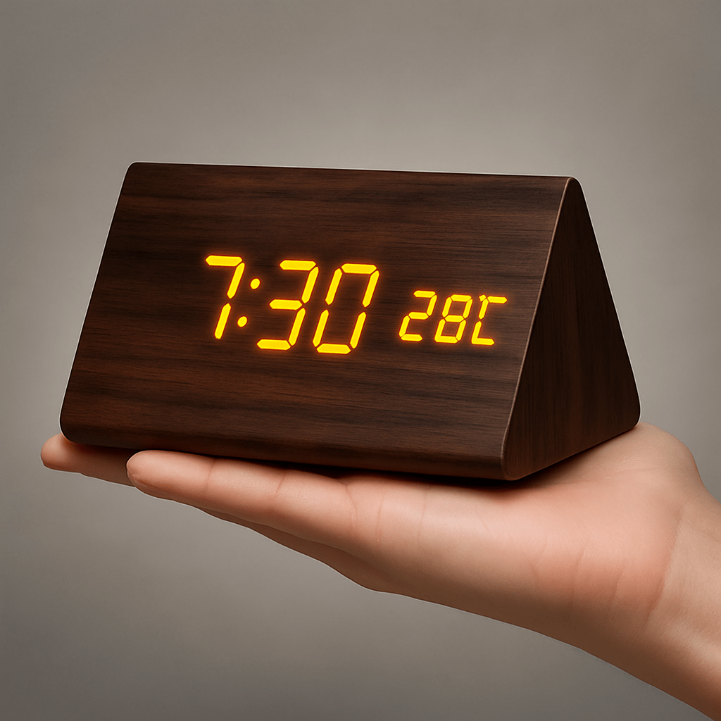 LED Digital Alarm Clock Wooden Square Adjustable Display