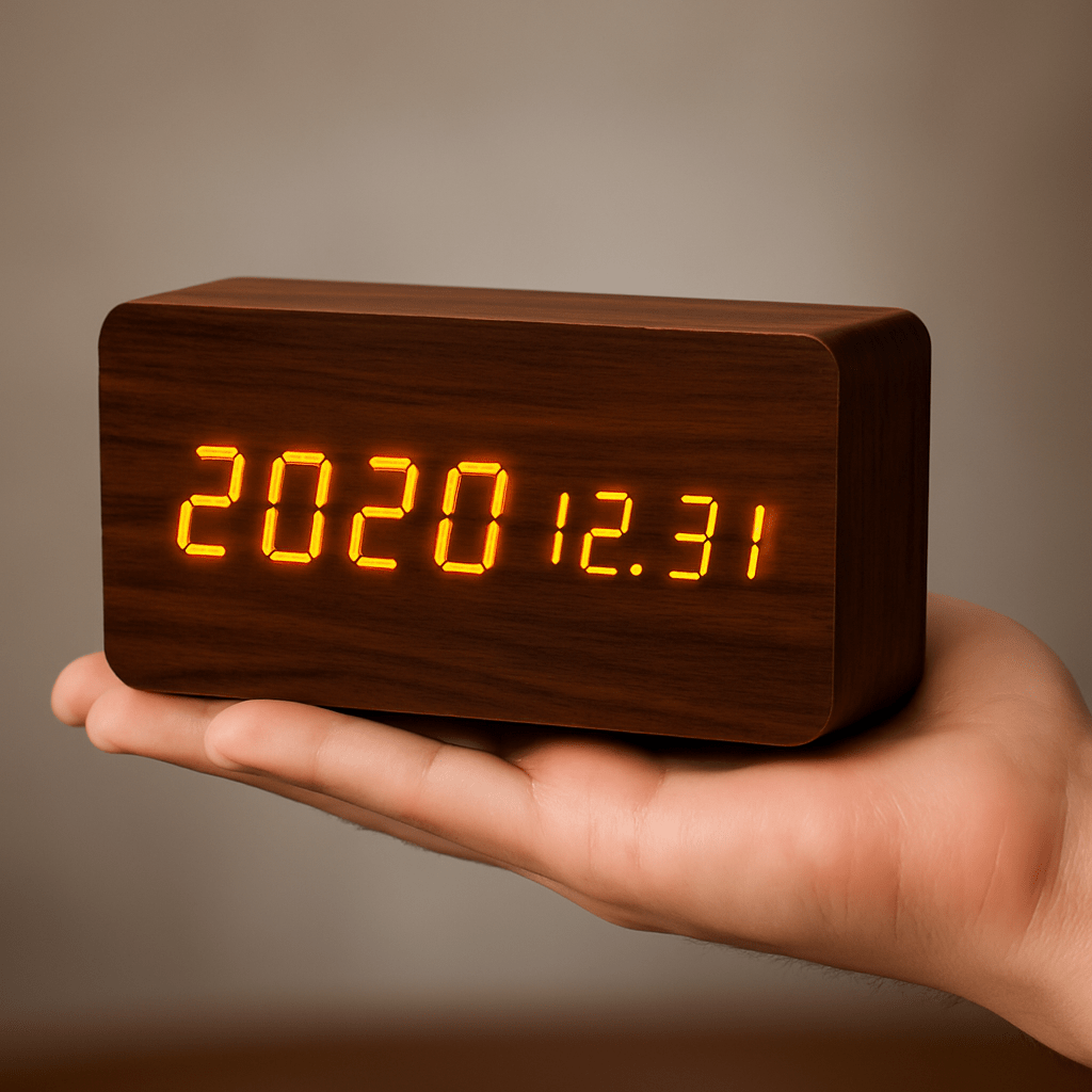 LED Digital Alarm Clock Wooden Square Adjustable Display