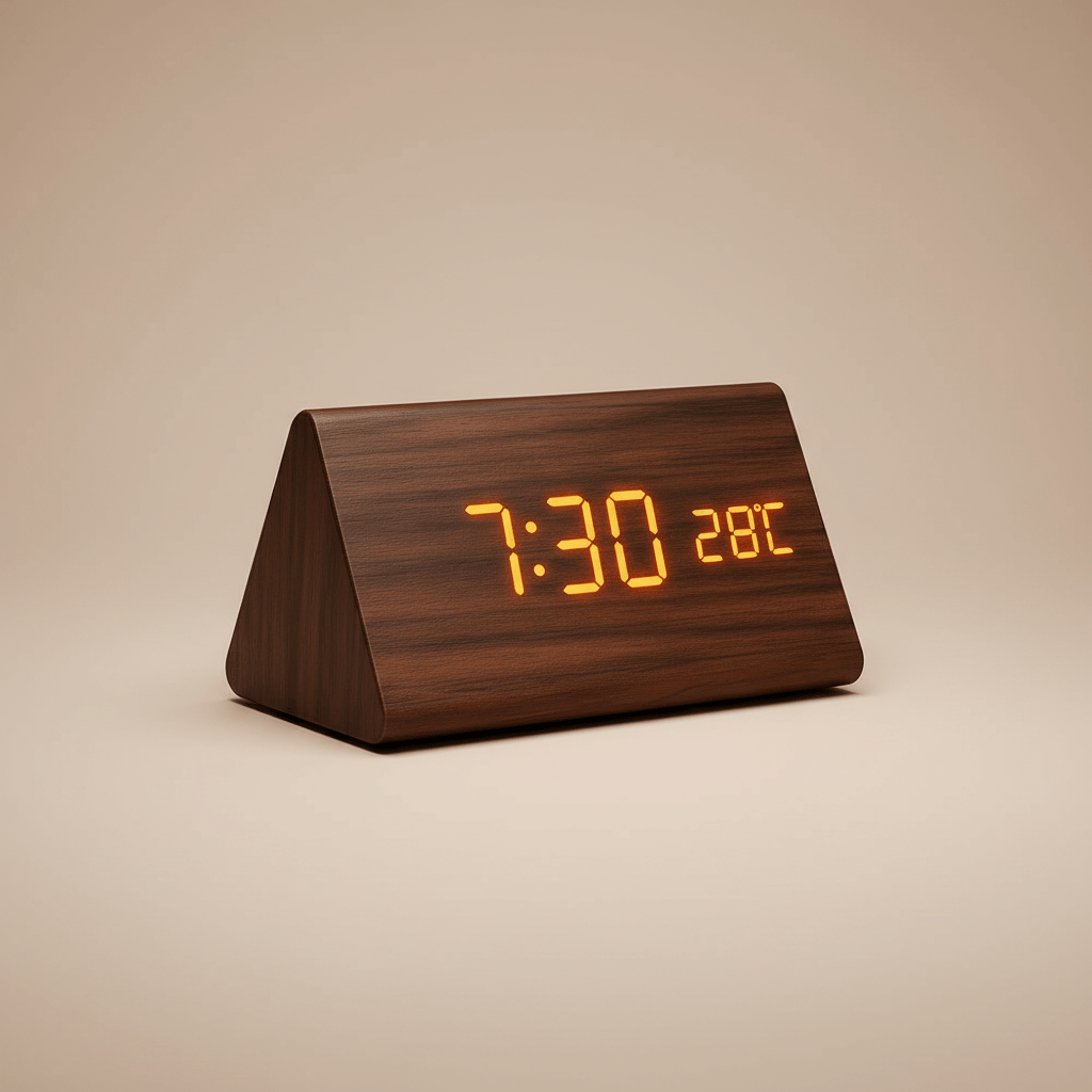 LED Digital Alarm Clock Wooden Square Adjustable Display
