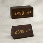 LED Digital Alarm Clock Wooden Square Adjustable Display