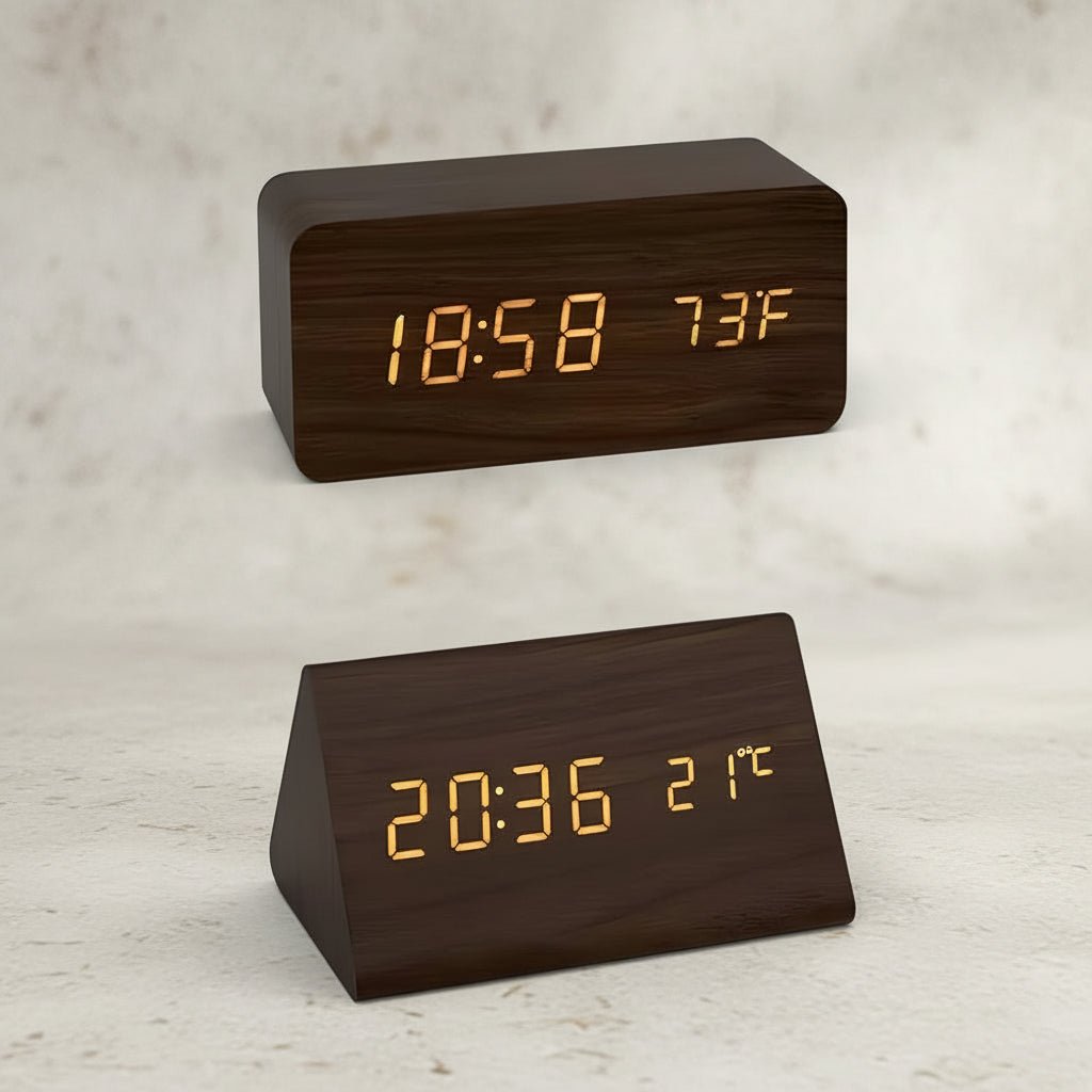 LED Digital Alarm Clock Wooden Square Adjustable Display