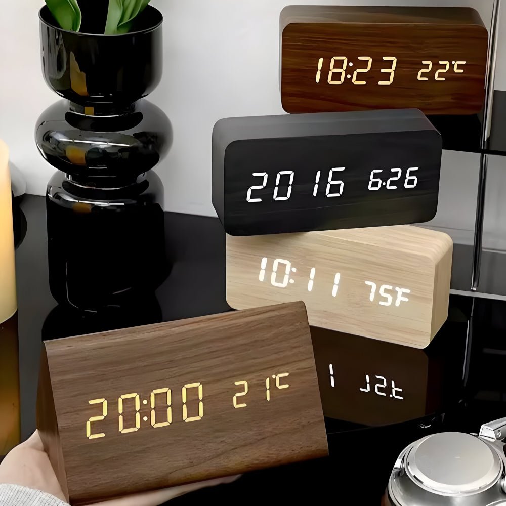 LED Digital Alarm Clock Wooden Square Adjustable Display