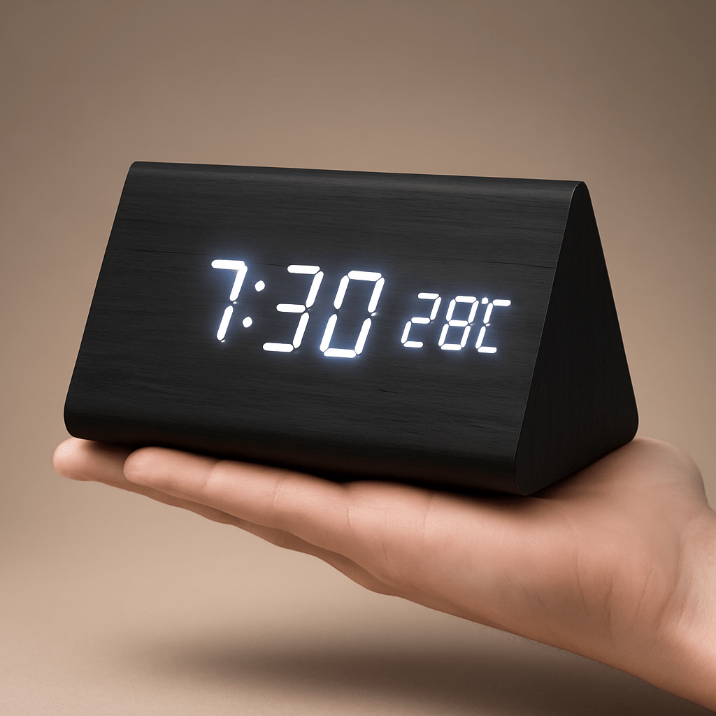 LED Digital Alarm Clock Wooden Square Adjustable Display