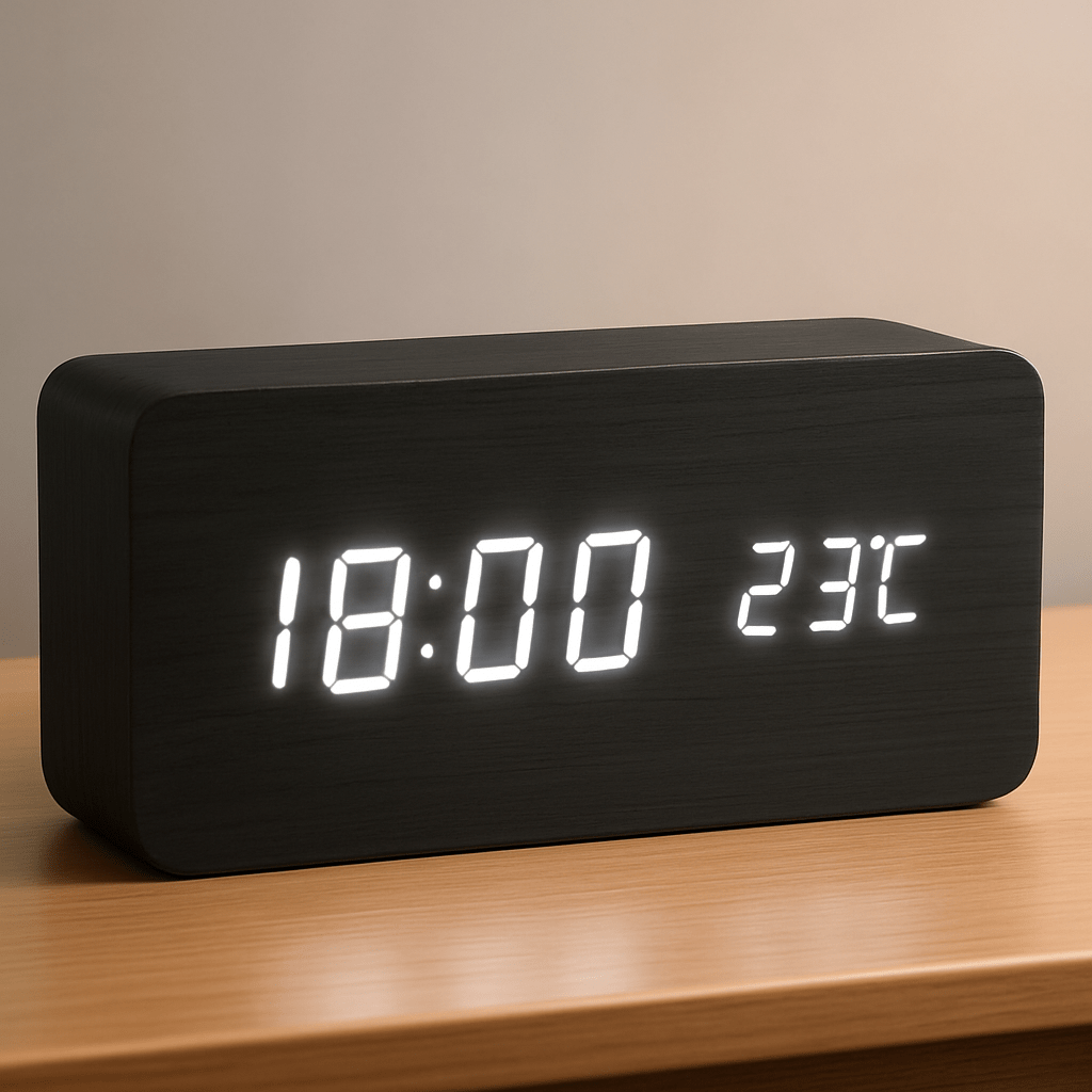 LED Digital Alarm Clock Wooden Square Adjustable Display