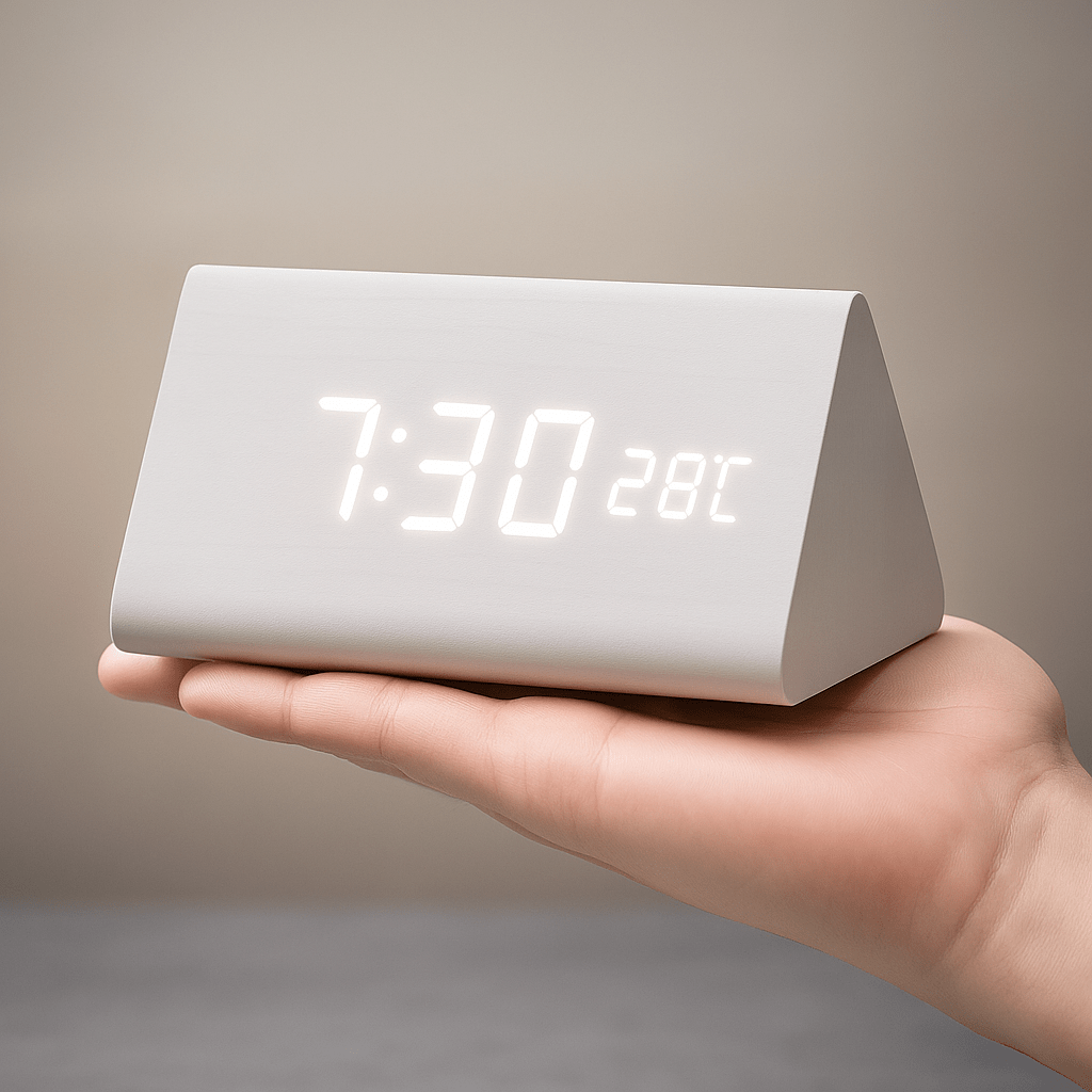 LED Digital Alarm Clock Wooden Square Adjustable Display
