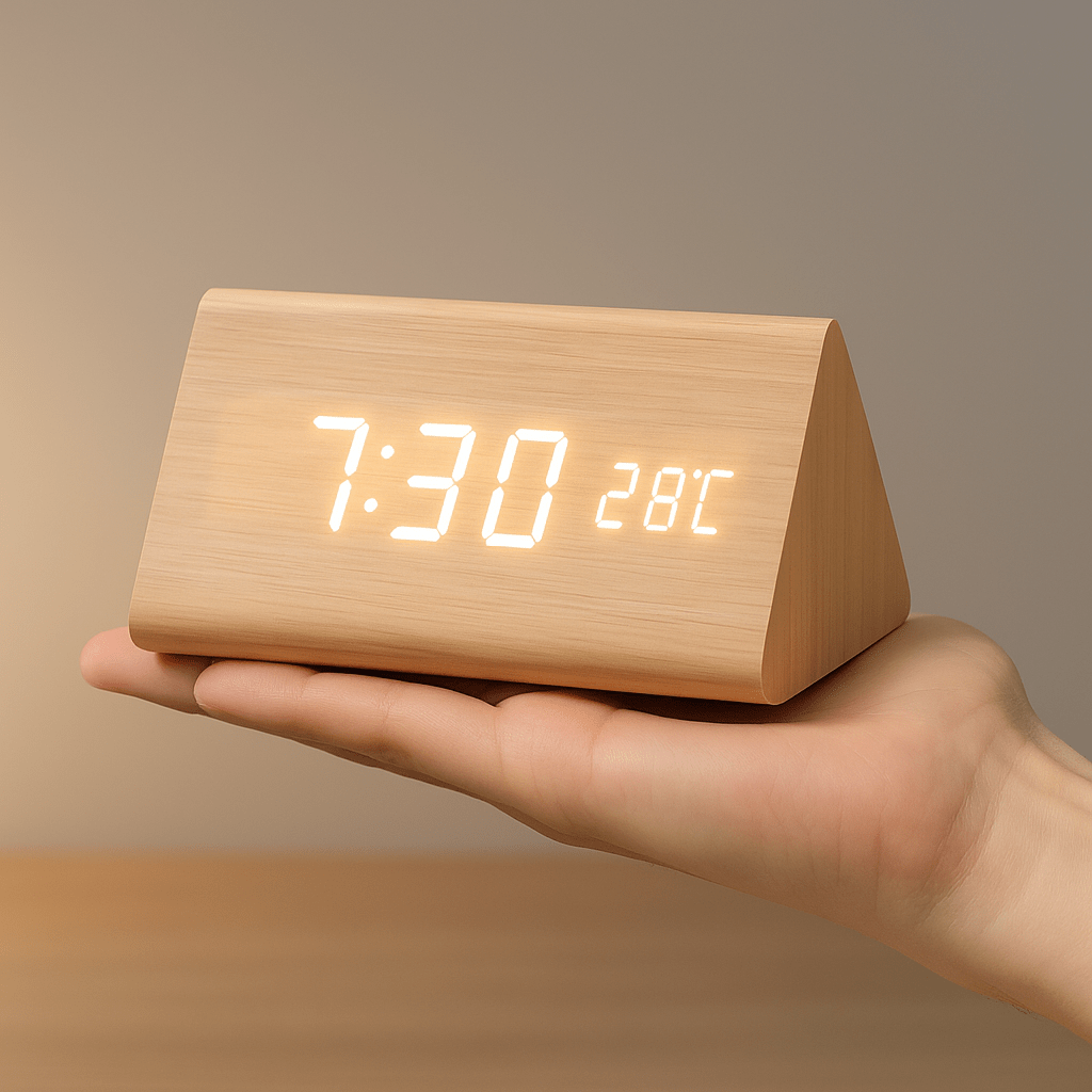 LED Digital Alarm Clock Wooden Square Adjustable Display