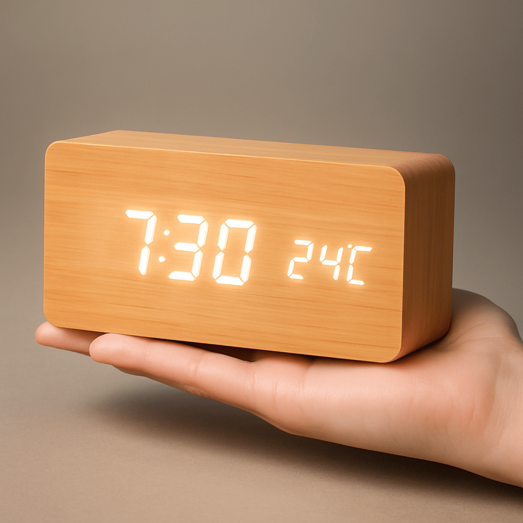 LED Digital Alarm Clock Wooden Square Adjustable Display