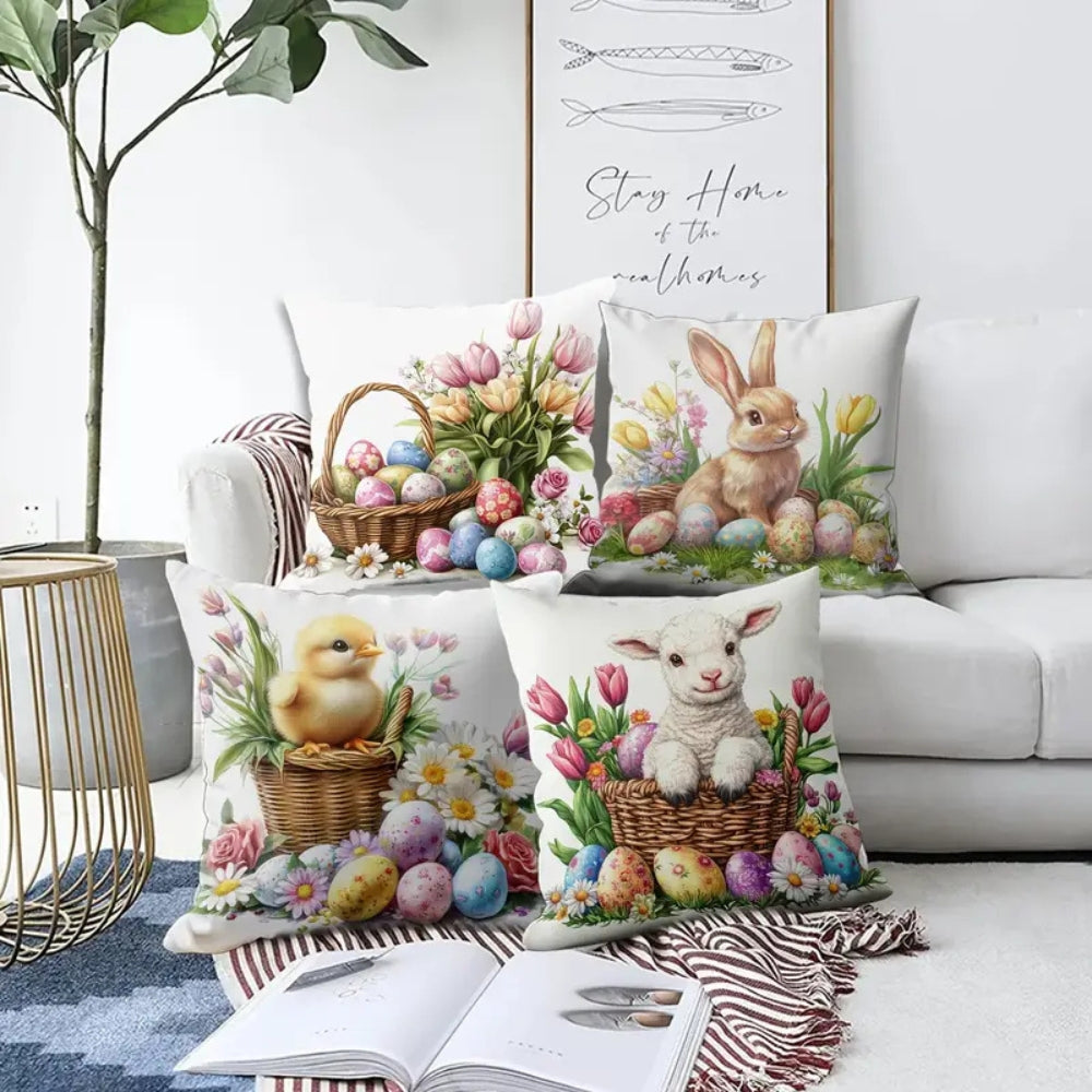Square Cushion Covers Set 4 Pieces Easter Floral Bunny Pillow Cases