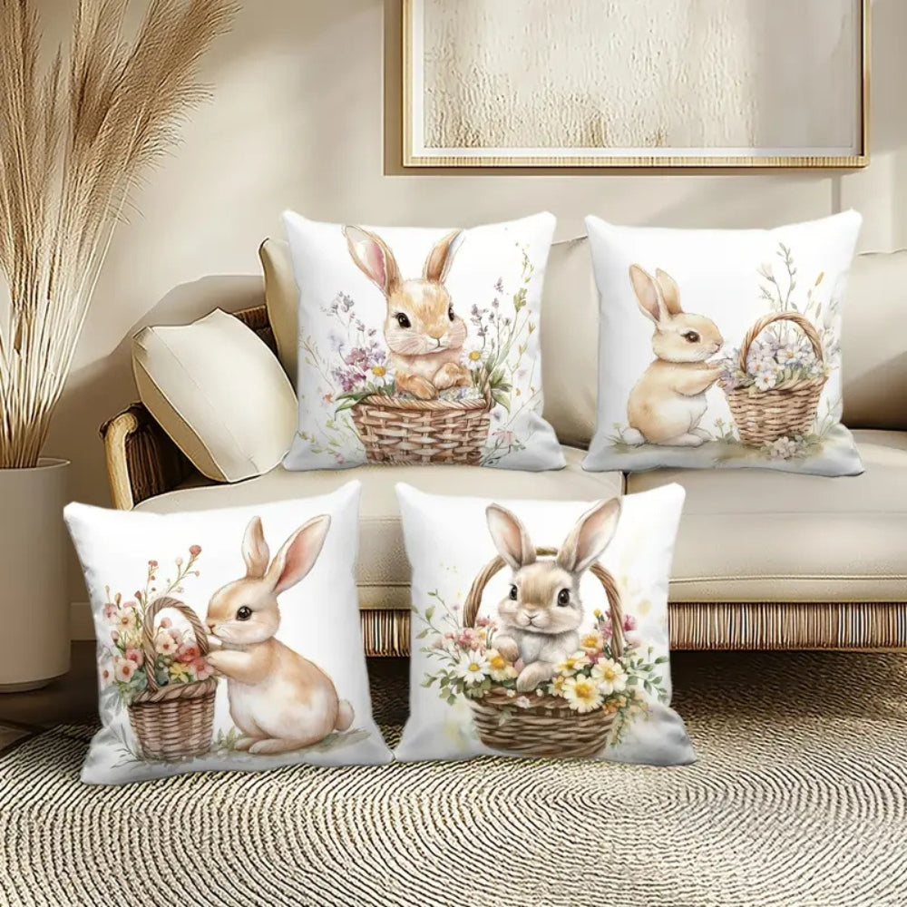 Square Cushion Covers Set 4 Pieces Easter Floral Bunny Pillow Cases
