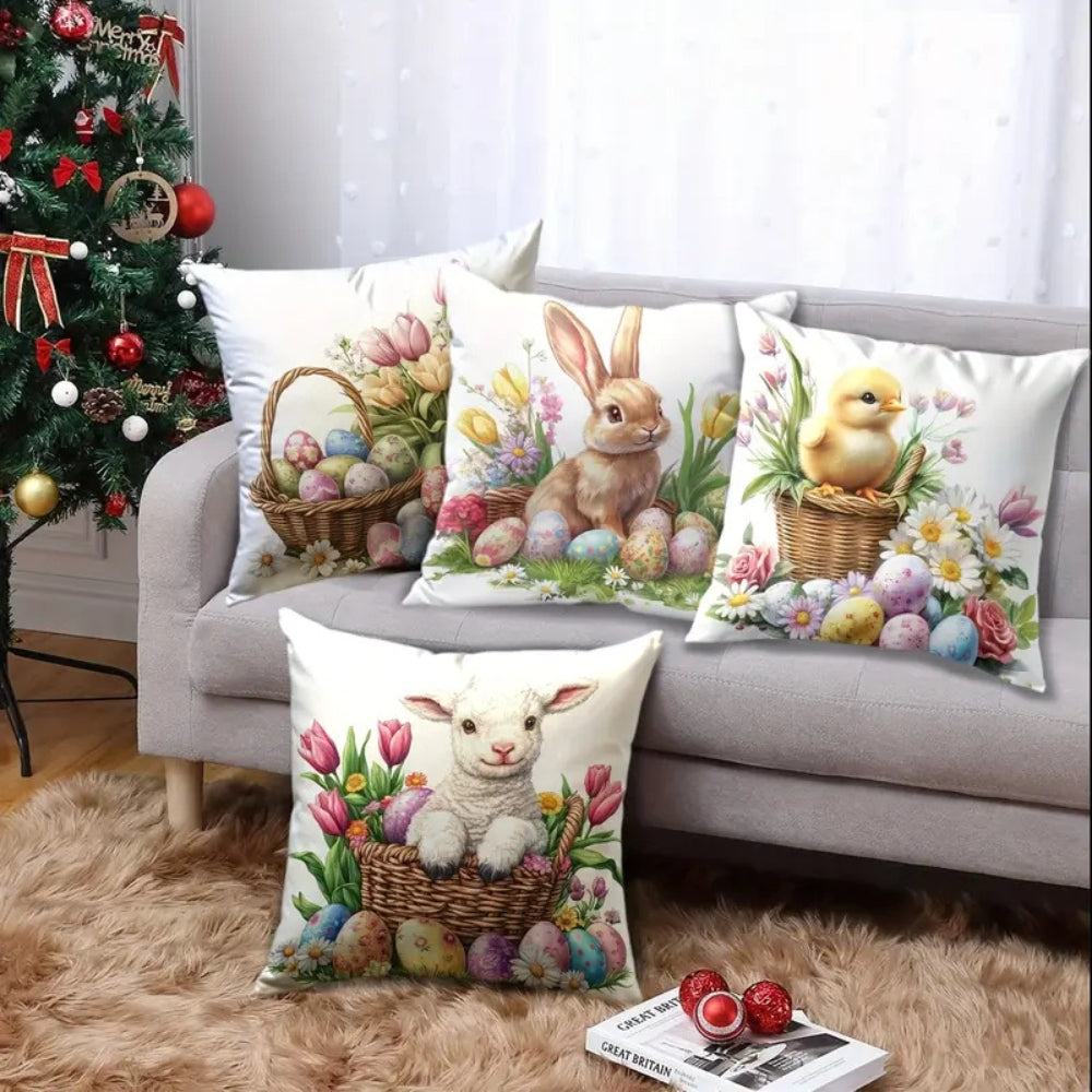 Square Cushion Covers Set 4 Pieces Easter Floral Bunny Pillow Cases