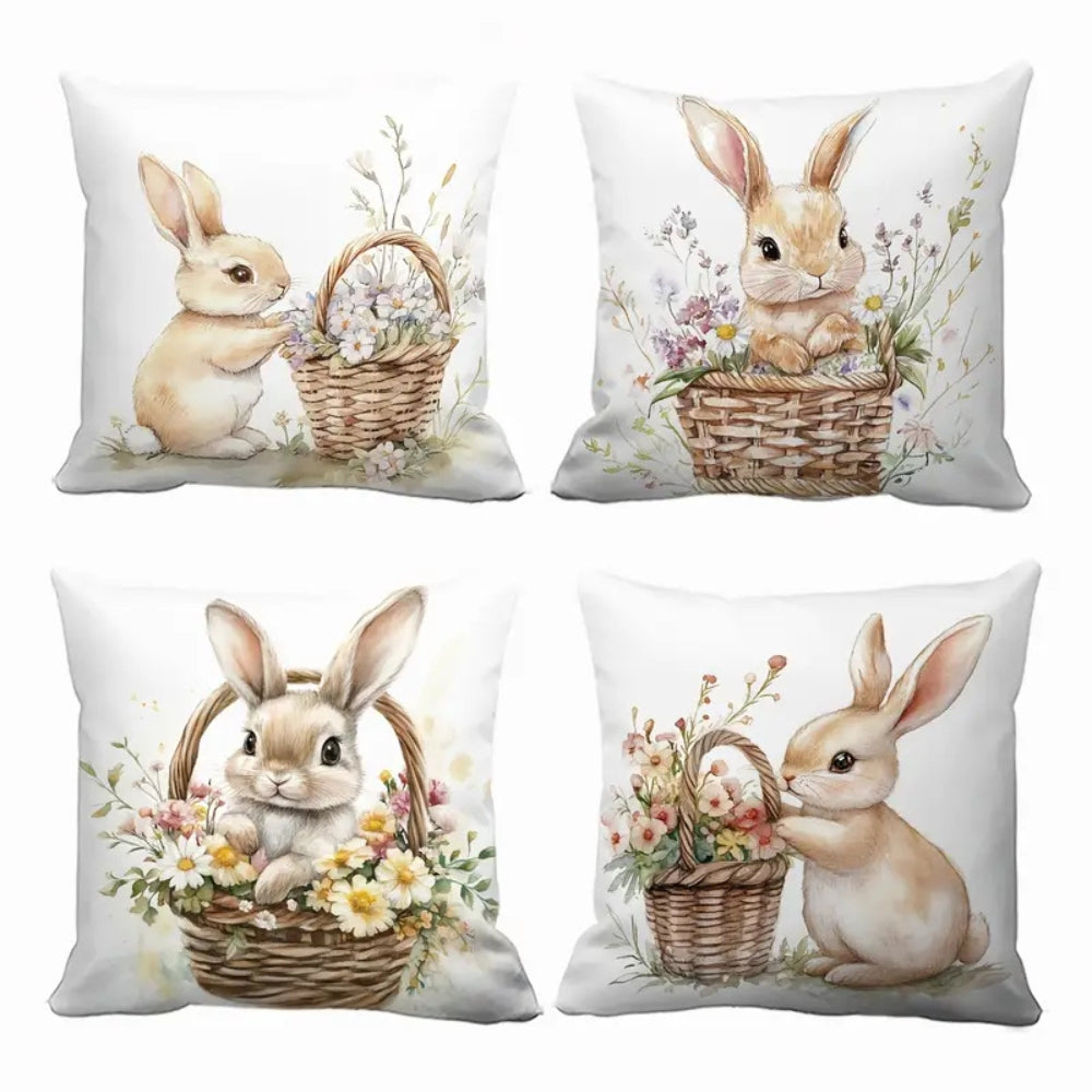 Square Cushion Covers Set 4 Pieces Easter Floral Bunny Pillow Cases