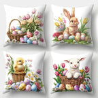 Square Cushion Covers Set 4 Pieces Easter Floral Bunny Pillow Cases