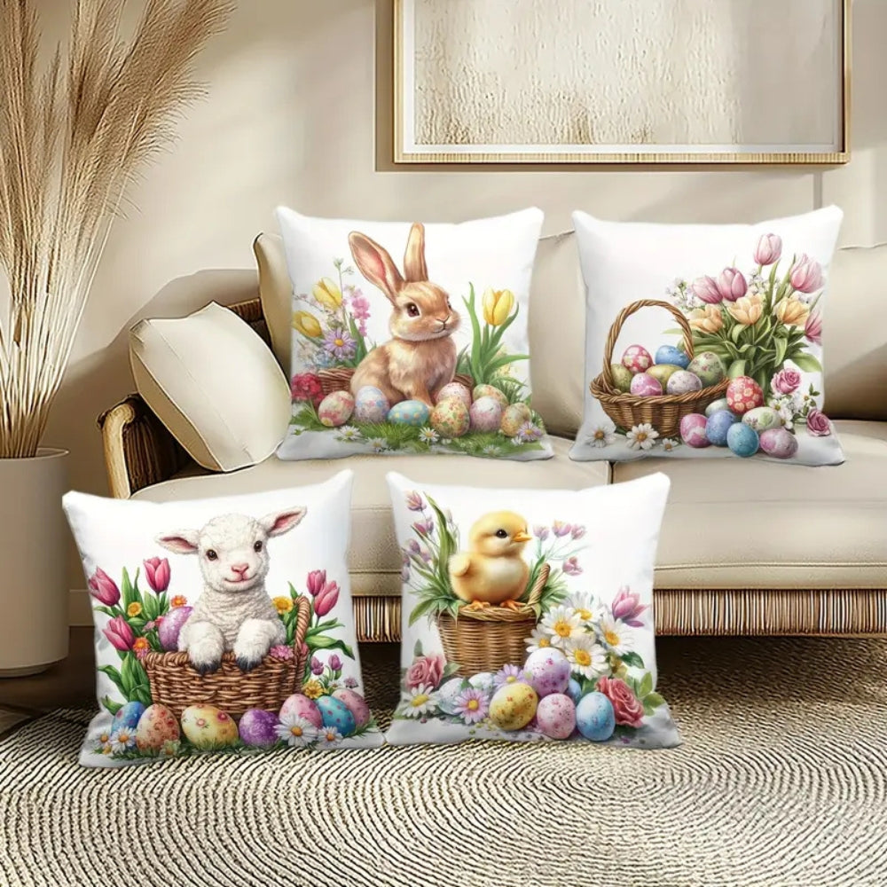 Square Cushion Covers Set 4 Pieces Easter Floral Bunny Pillow Cases