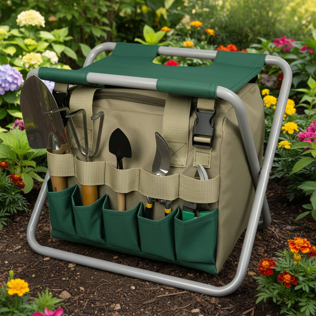 Foldable Garden Tool Set with Storage Seat Portable Gardening Tools