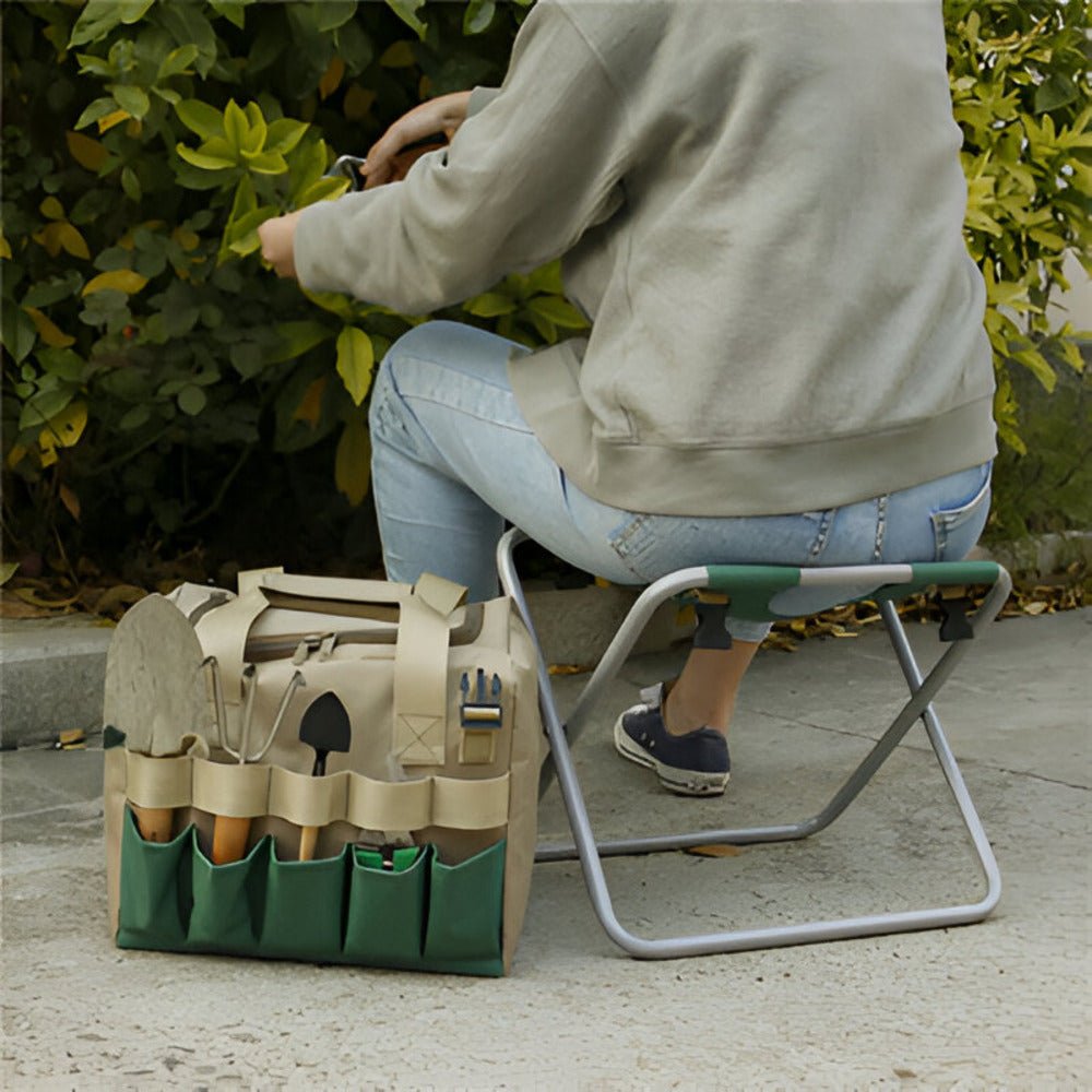 Foldable Garden Tool Set with Storage Seat Portable Gardening Tools