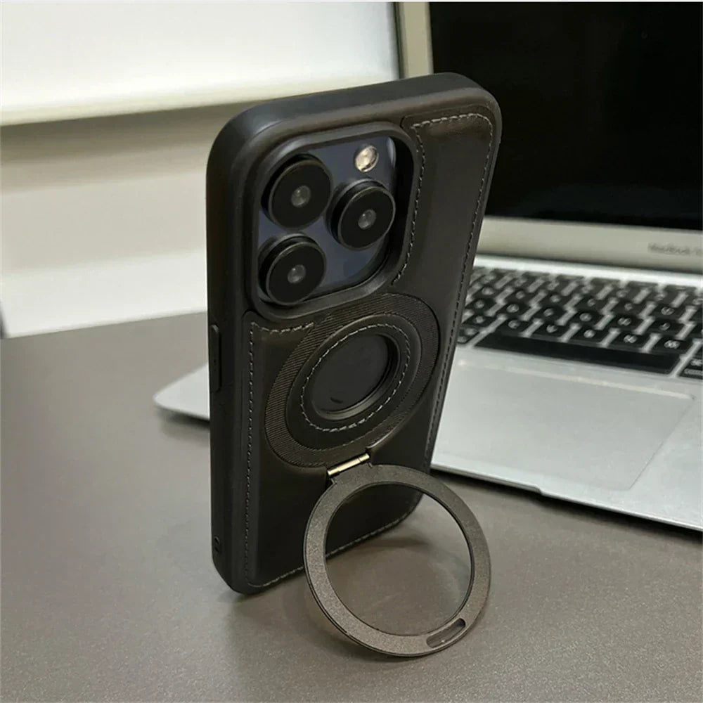 Leather MagSafe Phone Case with Fold-Out Ring Stand