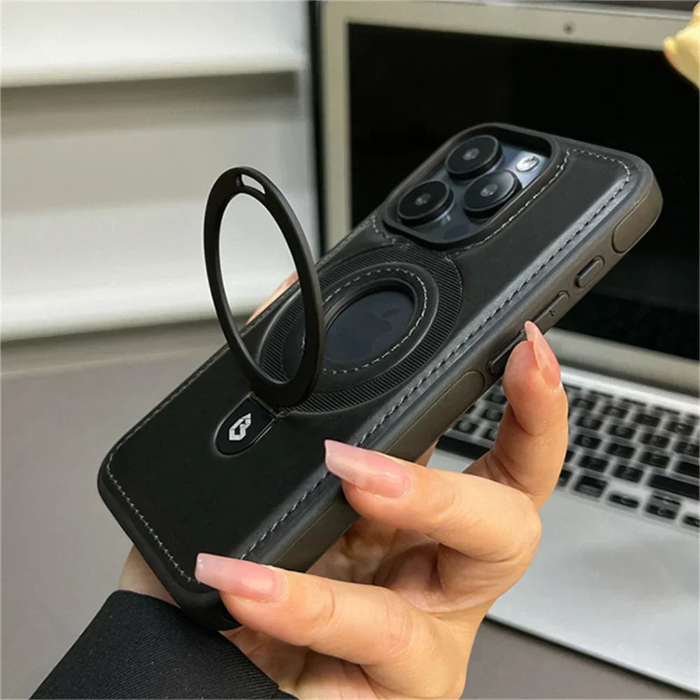 Leather MagSafe Phone Case with Fold-Out Ring Stand