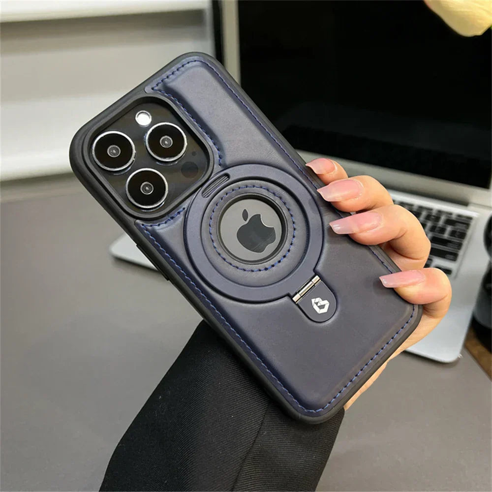 Leather MagSafe Phone Case with Fold-Out Ring Stand