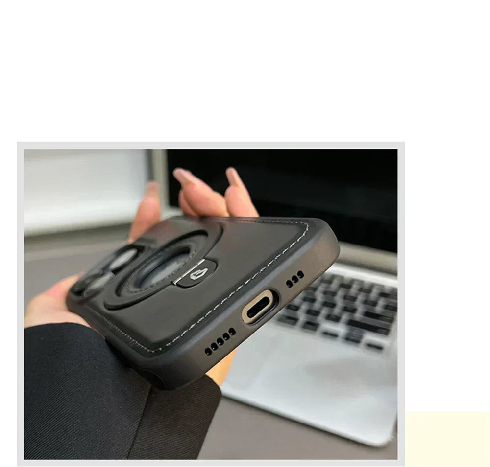 Leather MagSafe Phone Case with Fold-Out Ring Stand
