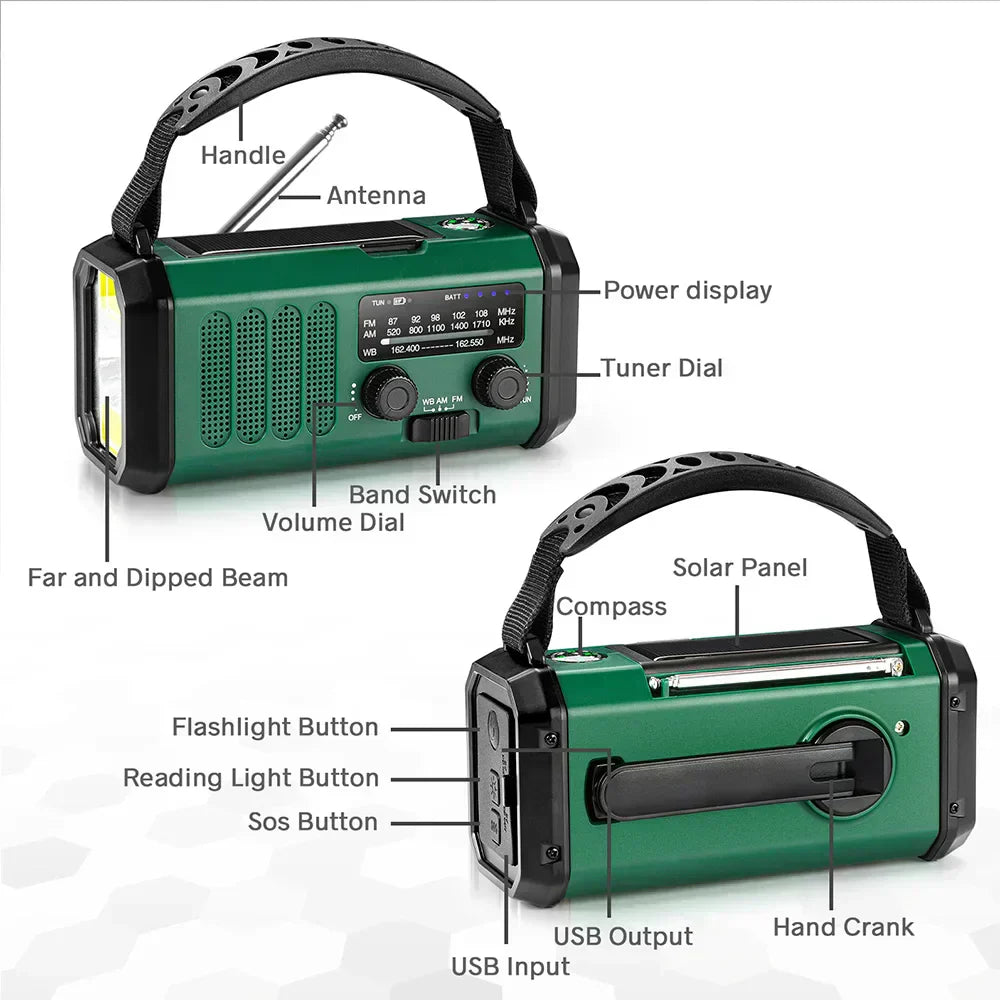 Solar Hand Crank Emergency Radio with NOAA, Power Bank, and Flashlight
