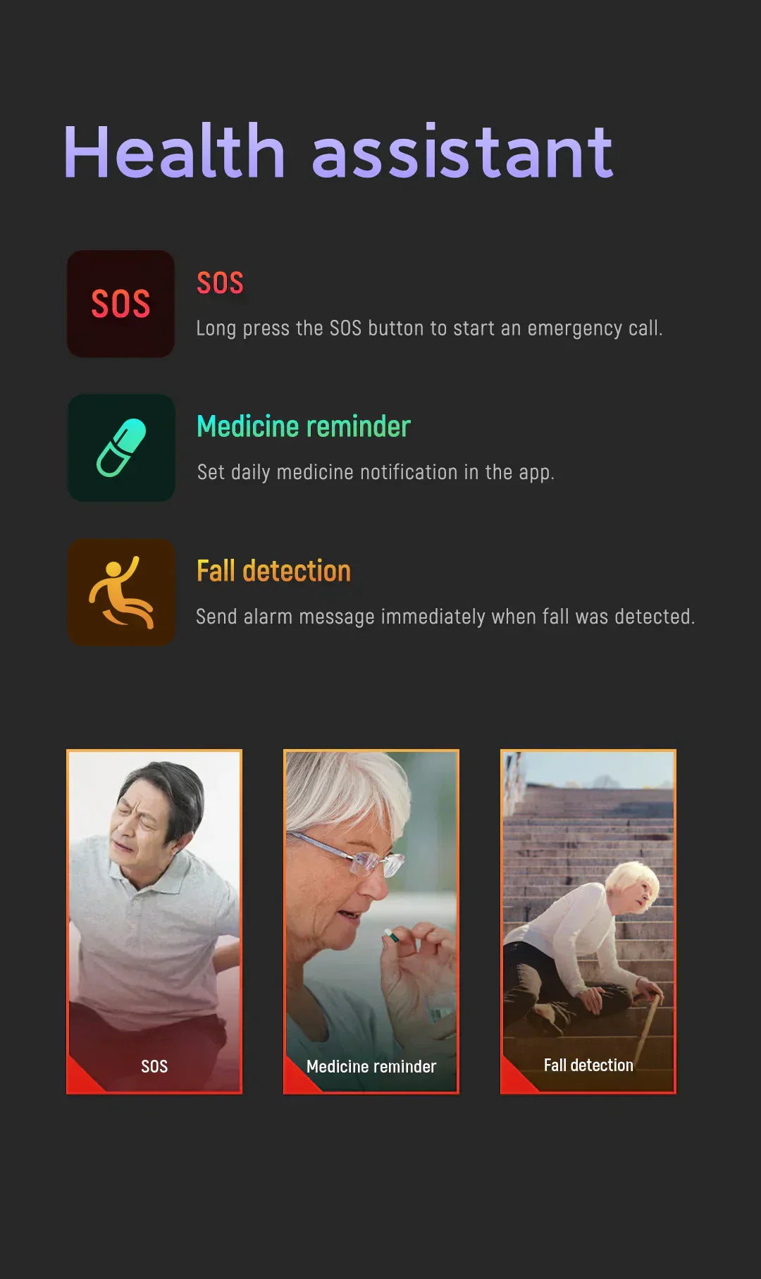 GPS Fall Detection Smartwatch for Seniors Circular Wrist Watch