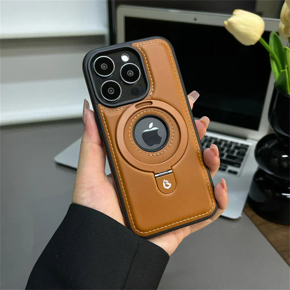 Leather MagSafe Phone Case with Fold-Out Ring Stand