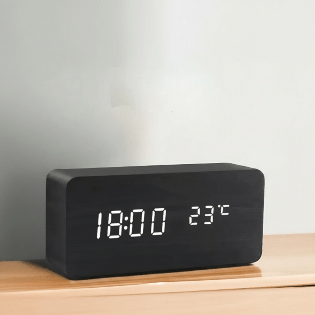 Wooden LED Digital Desk Clock Voice Control Adjustable Brightness
