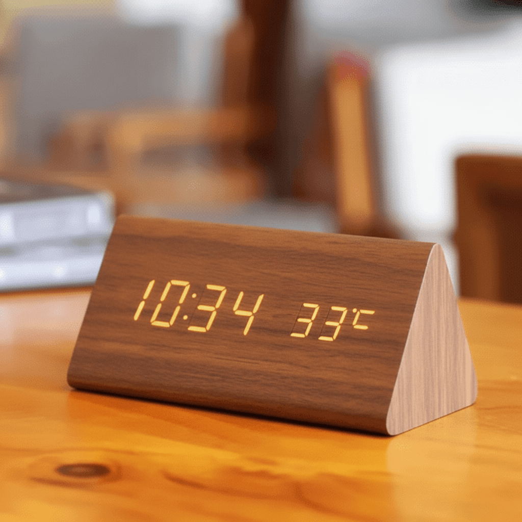 Wooden LED Digital Desk Clock Voice Control Adjustable Brightness