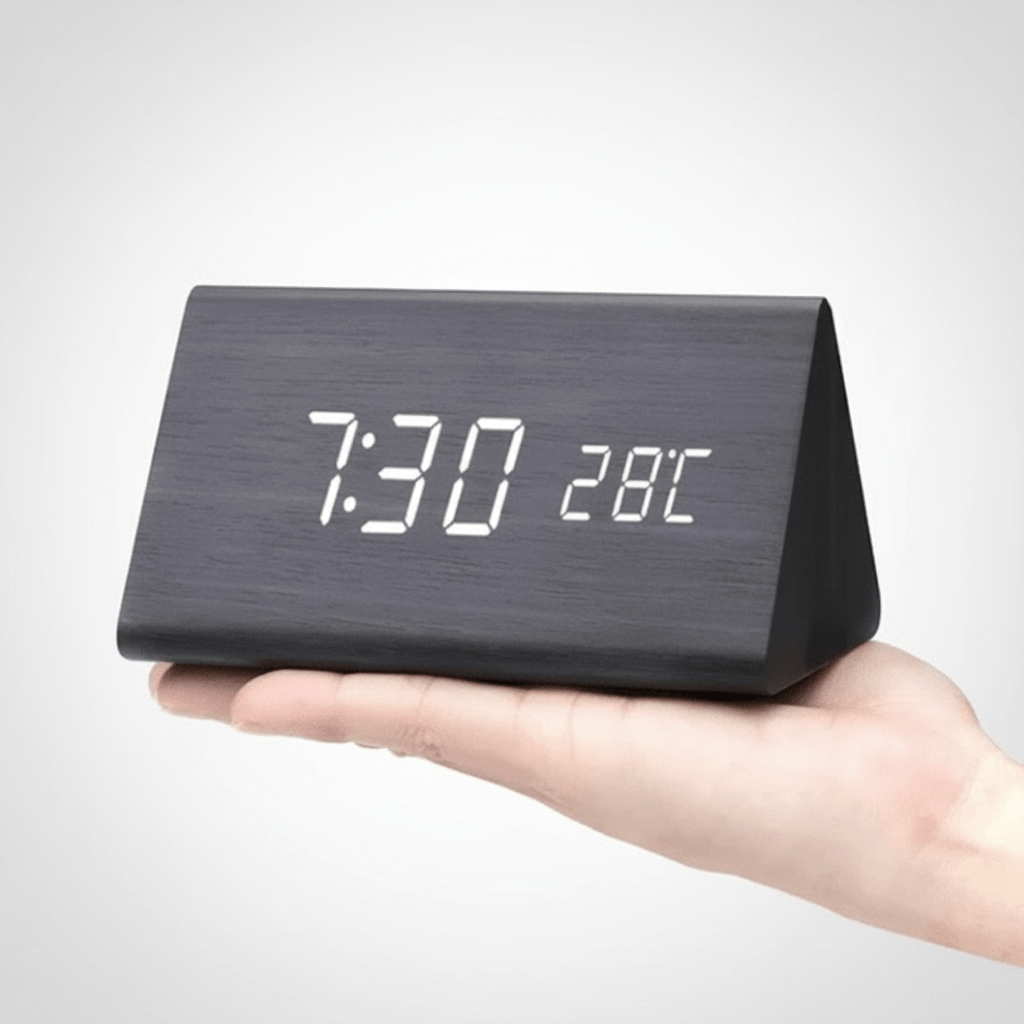 Wooden LED Digital Desk Clock Voice Control Adjustable Brightness
