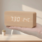 Wooden LED Digital Desk Clock Voice Control Adjustable Brightness