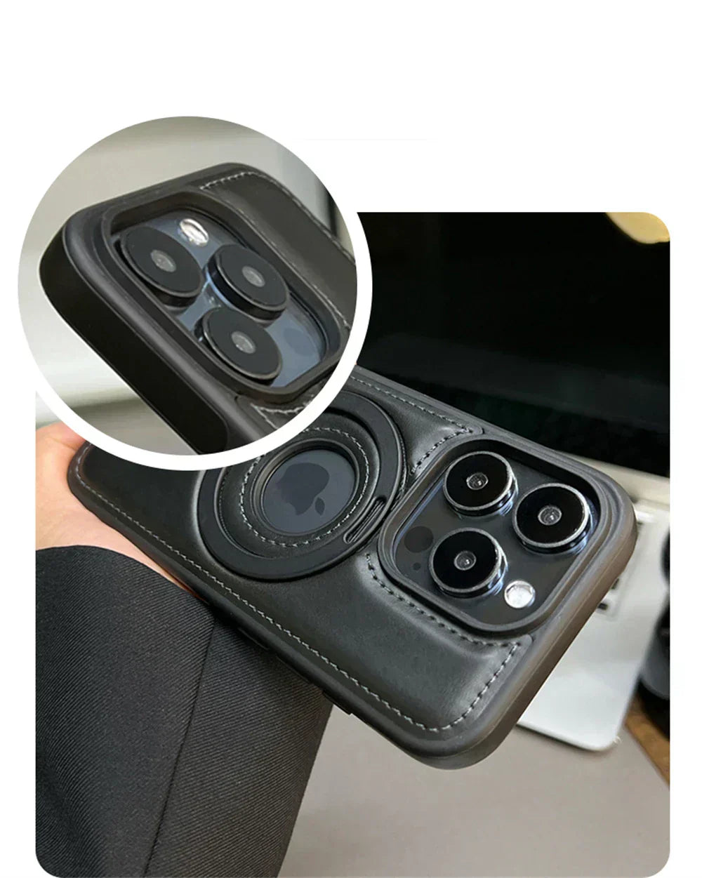 Leather MagSafe Phone Case with Fold-Out Ring Stand
