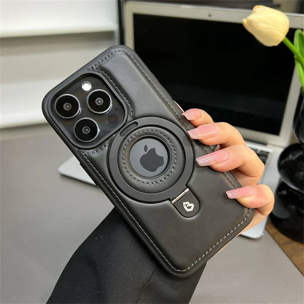 Leather MagSafe Phone Case with Fold-Out Ring Stand