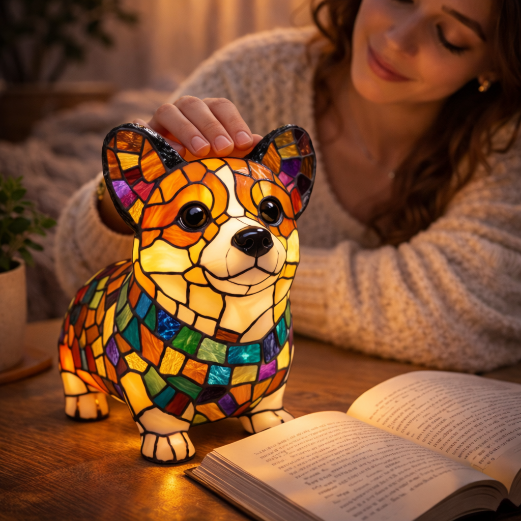 Dog Shape LED Table Lamp Stained Glass Style Night Light