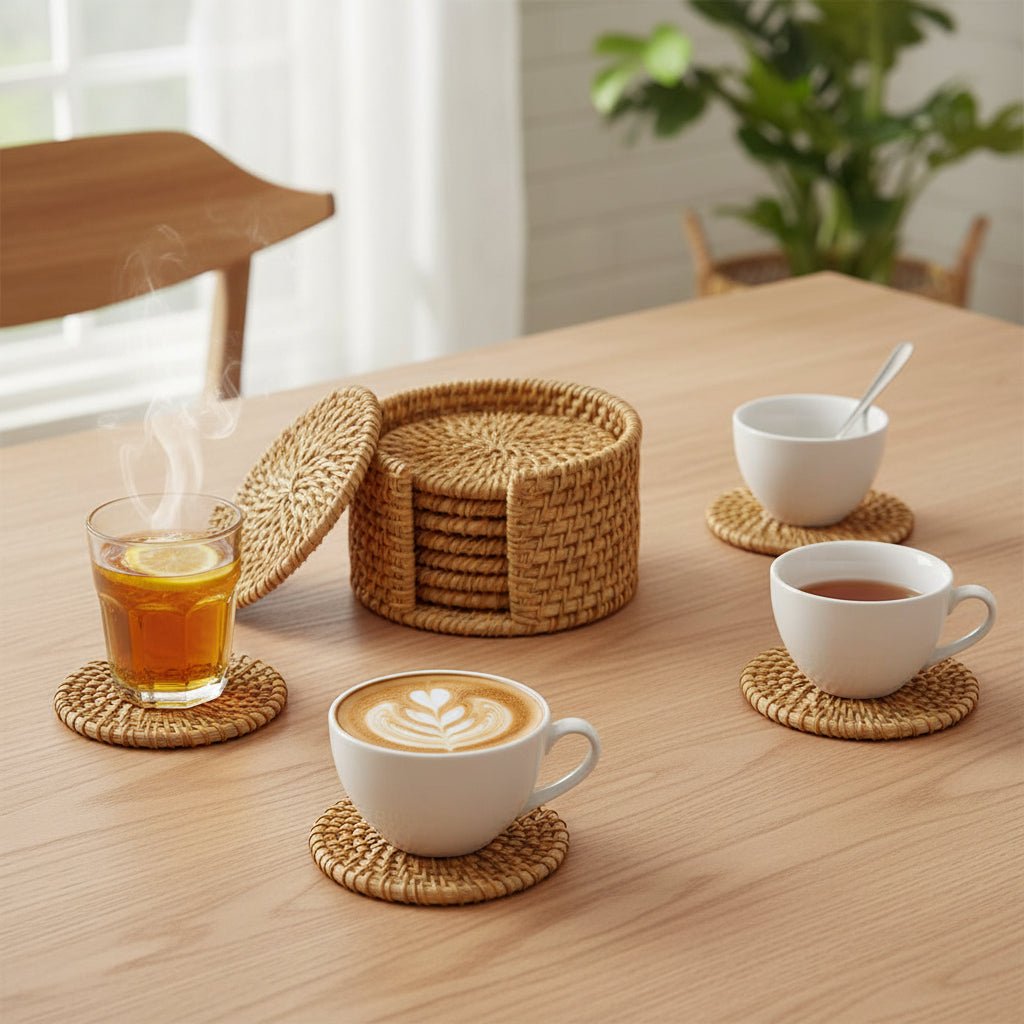 Rattan Circular Drink Coaster Set with Holder Handwoven Coasters