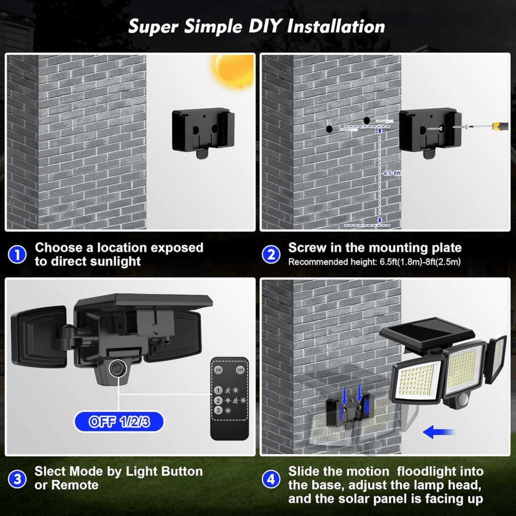 Solar Motion Sensor LED Security Light 3-Head Outdoor IP65 Waterproof