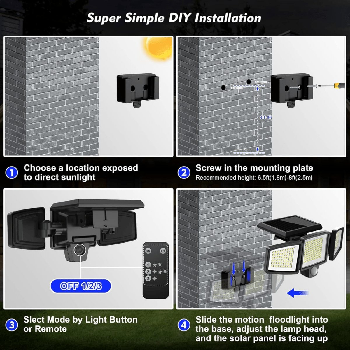 Solar Motion Sensor LED Security Light 3-Head Outdoor IP65 Waterproof