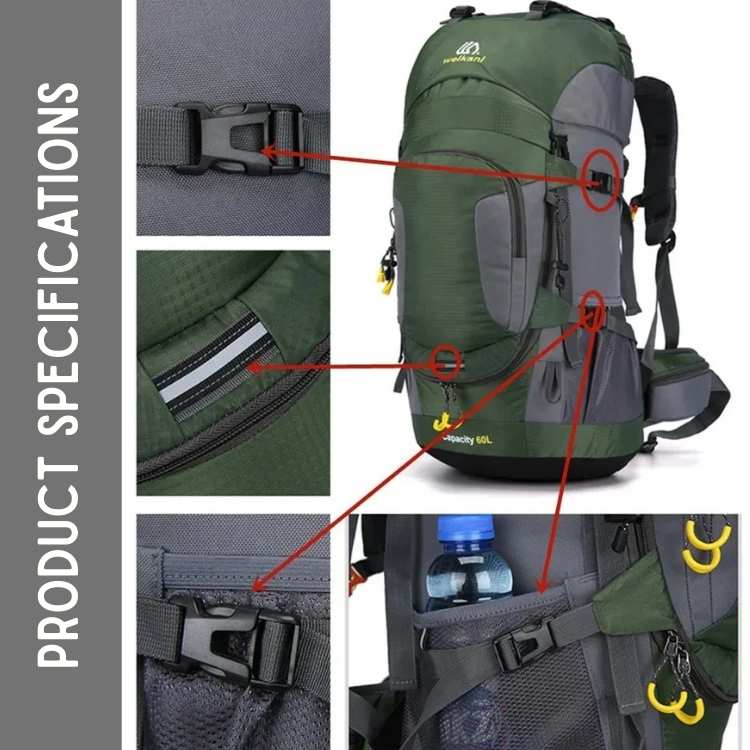 Hiking Backpack Waterproof Large Capacity 60L Camping Trekking Bag