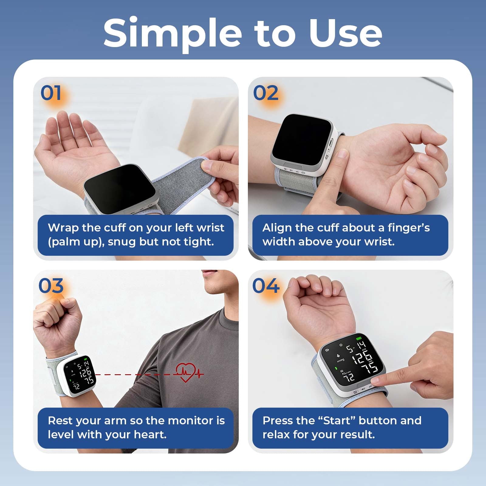 Automatic Wrist Blood Pressure Monitor Rechargeable Digital Wrist Cuff