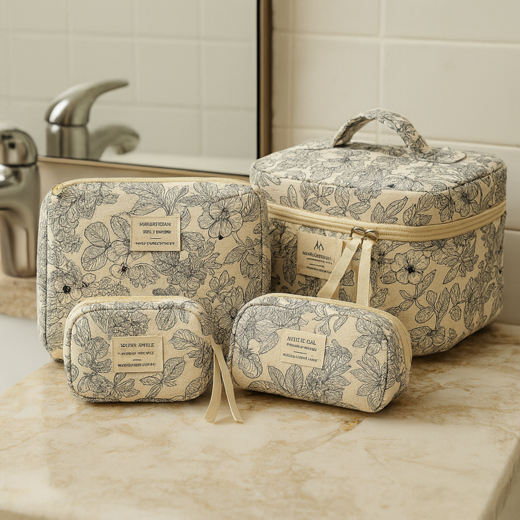 4 Piece Quilted Makeup Bag Set Organizer Pouches