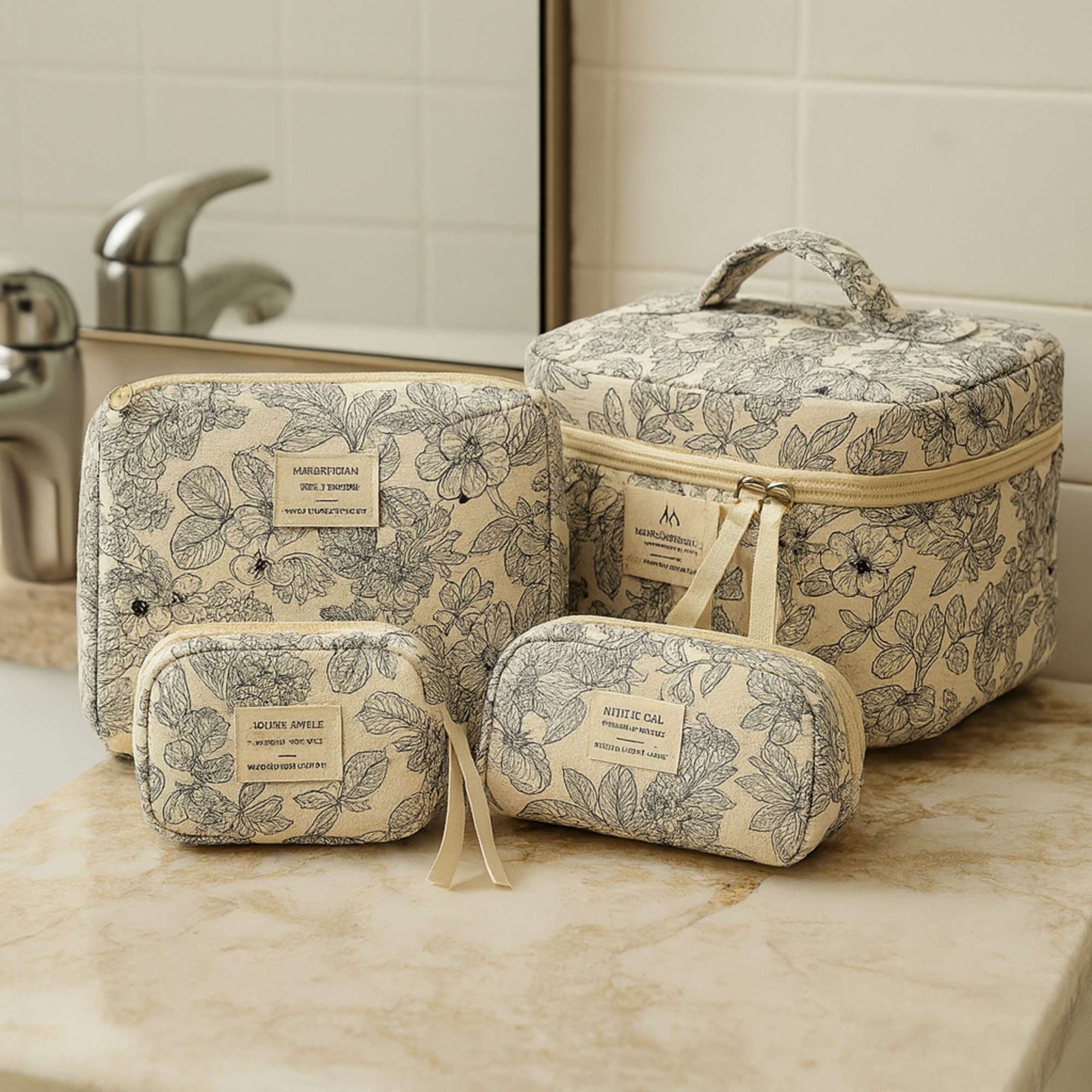 4 Piece Quilted Makeup Bag Set Organizer Pouches